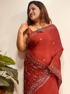 Brown Kashmiri Sozni Pure Crepe Saree—Vine & Floral Embroidery, Festive
