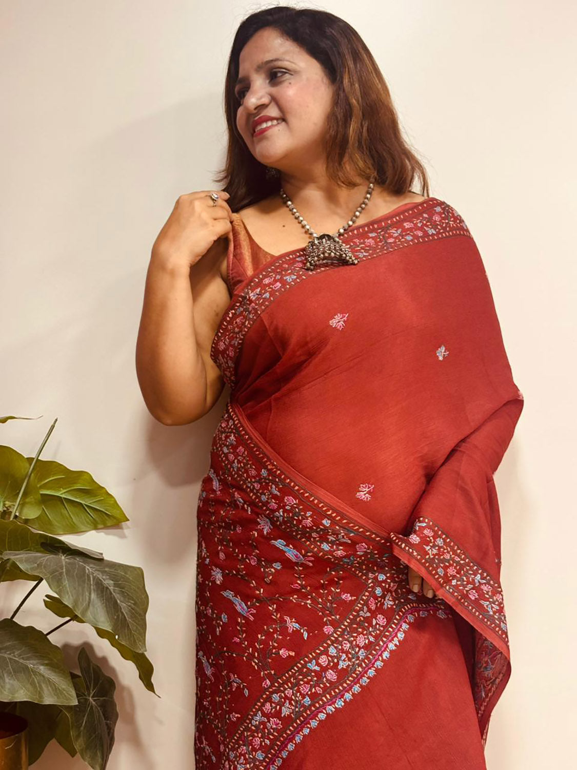 Brown Kashmiri Sozni Pure Crepe Saree—Vine & Floral Embroidery, Festive