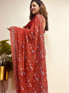 Brown Kashmiri Sozni Pure Crepe Saree—Vine & Floral Embroidery, Festive
