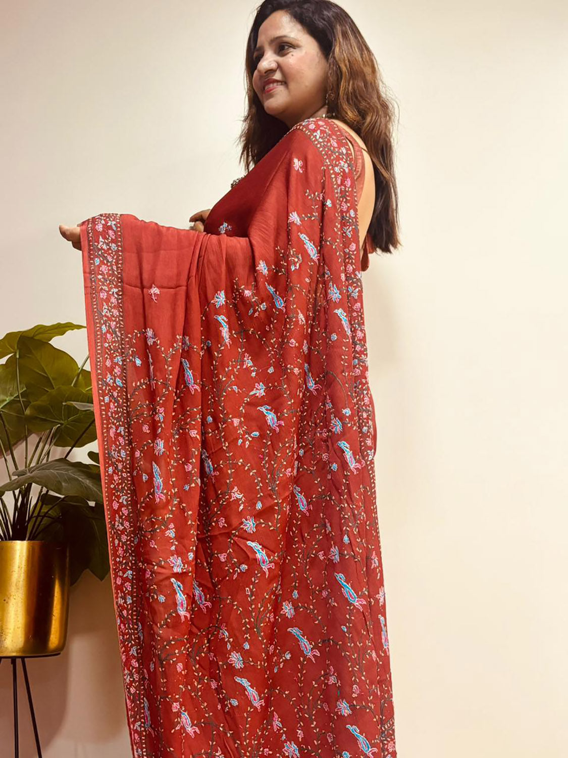 Brown Kashmiri Sozni Pure Crepe Saree—Vine & Floral Embroidery, Festive