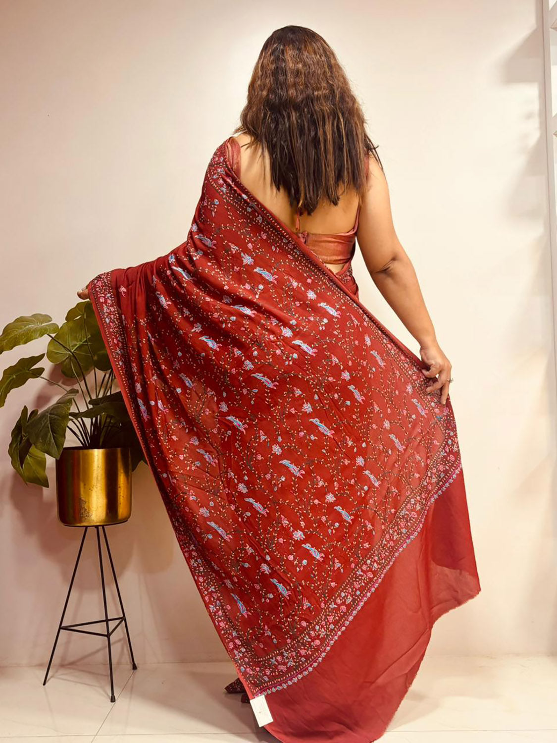 Brown Kashmiri Sozni Pure Crepe Saree—Vine & Floral Embroidery, Festive