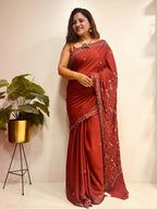 Brown Kashmiri Sozni Pure Crepe Saree—Vine & Floral Embroidery, Festive