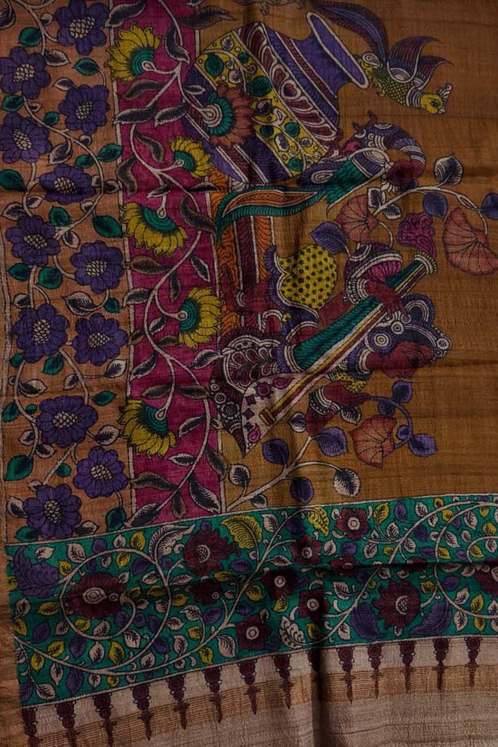 Brown Pure Tussar Silk Pen Kalamakari Hand Painted Dupatta