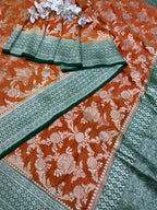 Orange Handloom Banarasi Pure Georgette Saree - Luxurion World