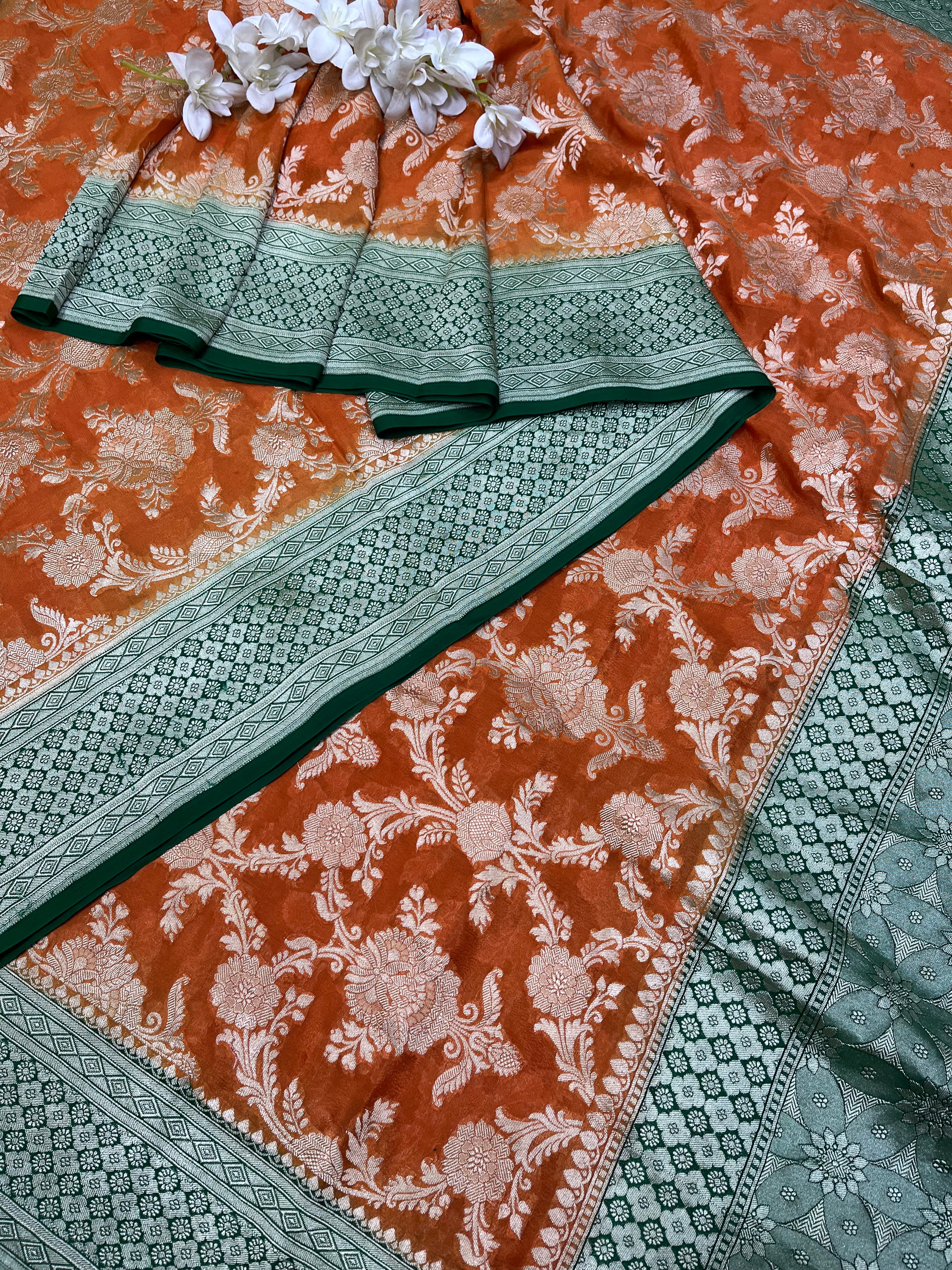Orange Handloom Banarasi Pure Georgette Saree - Luxurion World