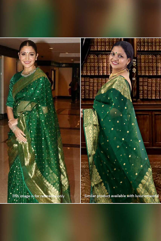 Stunning Green Handloom Chanderi Pure Katan Silk Saree - Perfect for Any Occasion! - Luxurion World
