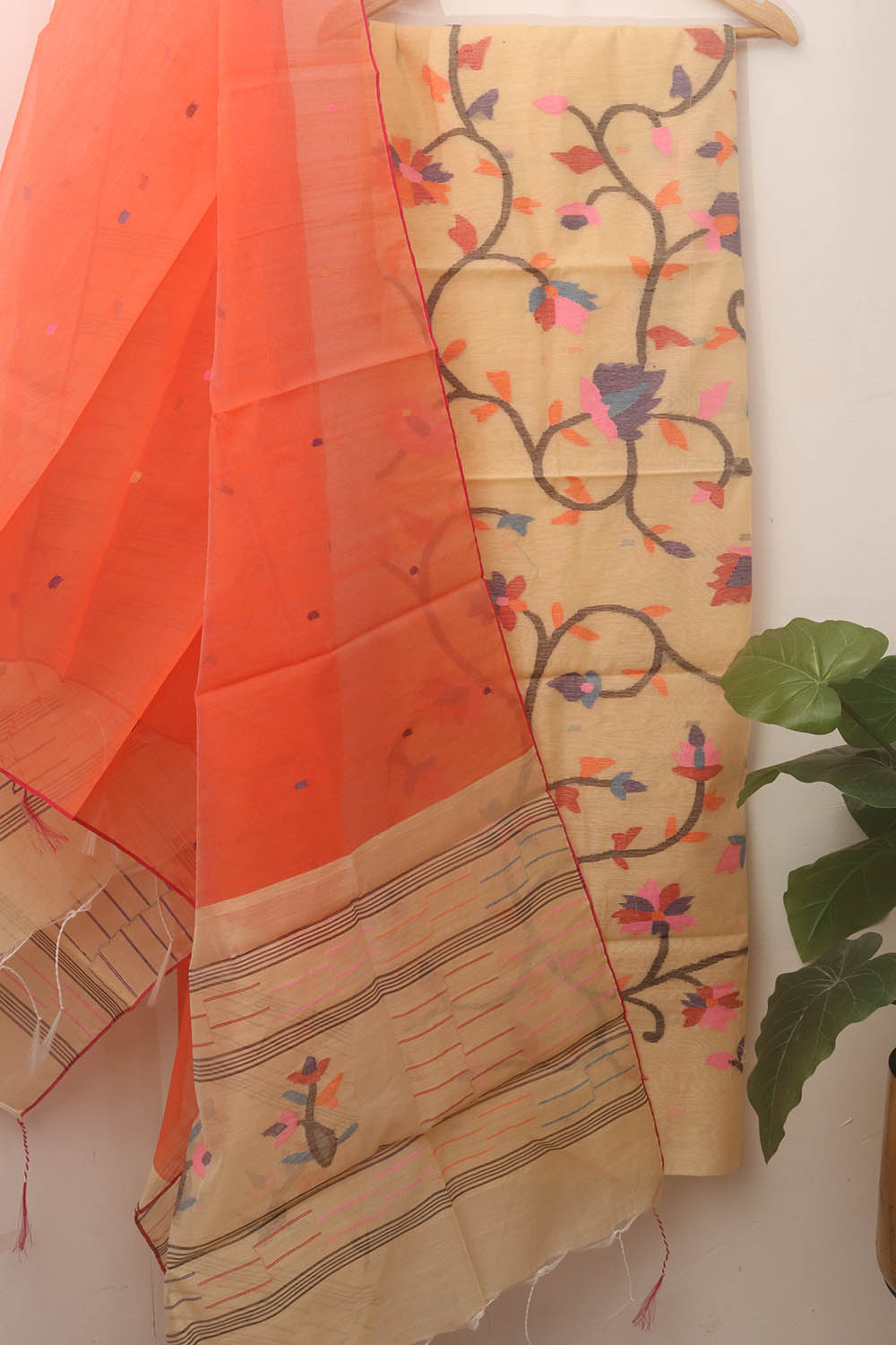 Cream Handloom Jamdani Chanderi Silk Two Piece Unstitched Suit Set - Luxurion World