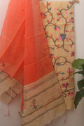 Cream Handloom Jamdani Chanderi Silk Two Piece Unstitched Suit Set - Luxurion World