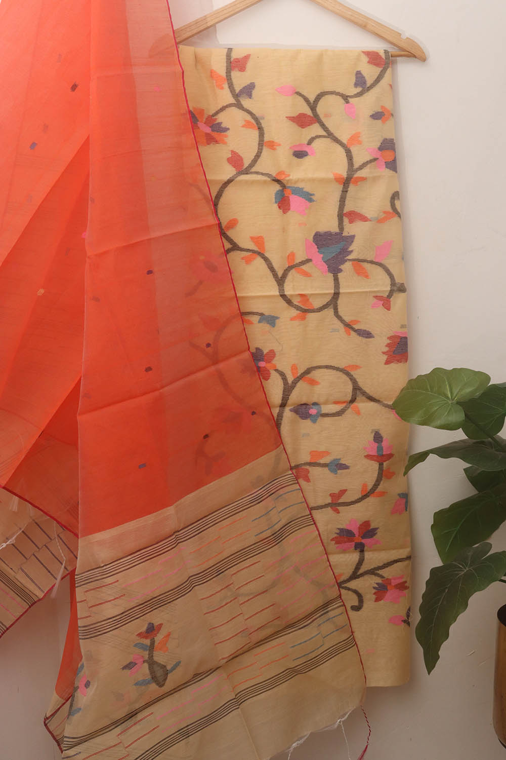Cream Handloom Jamdani Chanderi Silk Two Piece Unstitched Suit Set - Luxurion World