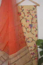 Cream Handloom Jamdani Chanderi Silk Two Piece Unstitched Suit Set - Luxurion World