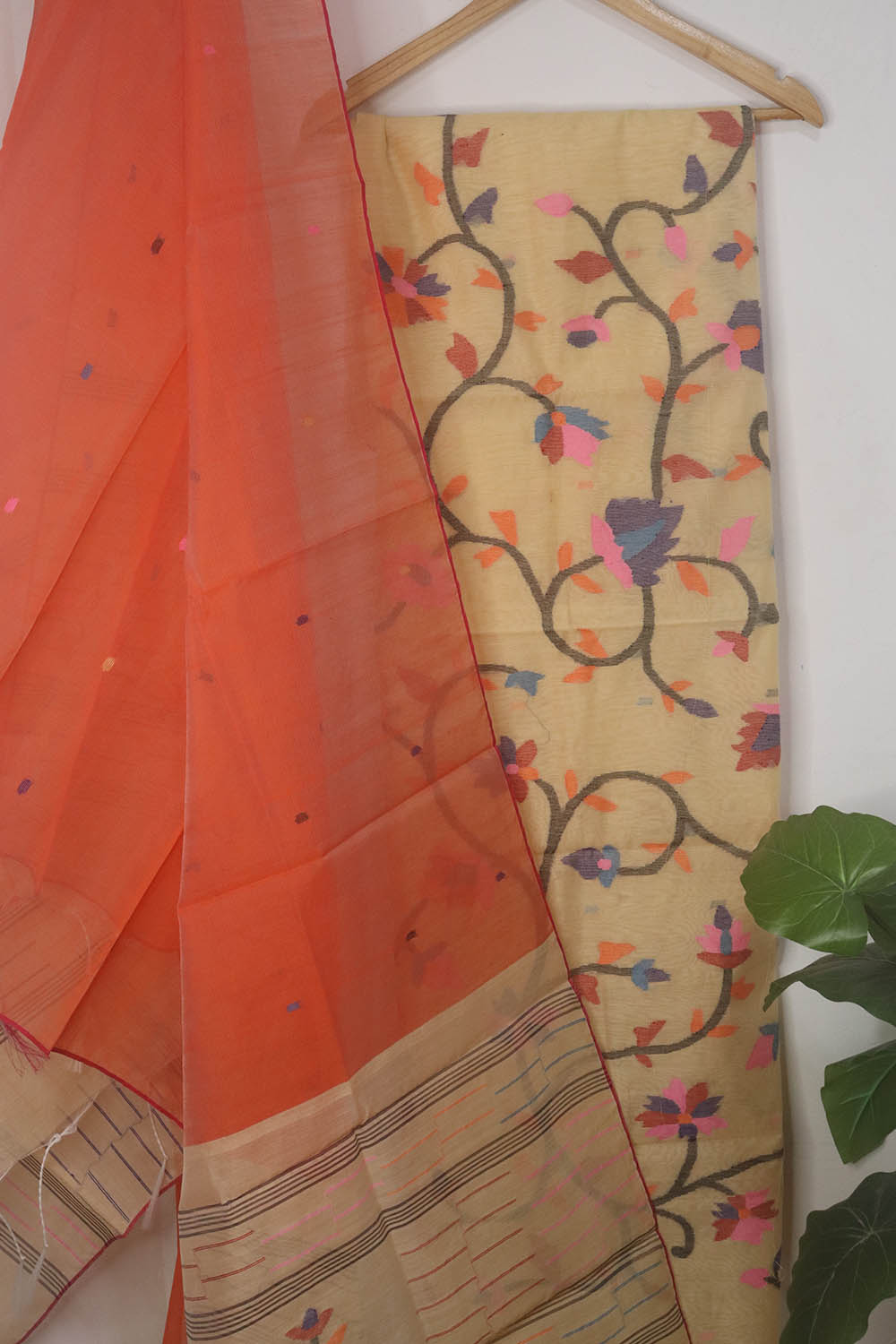 Cream Handloom Jamdani Chanderi Silk Two Piece Unstitched Suit Set - Luxurion World