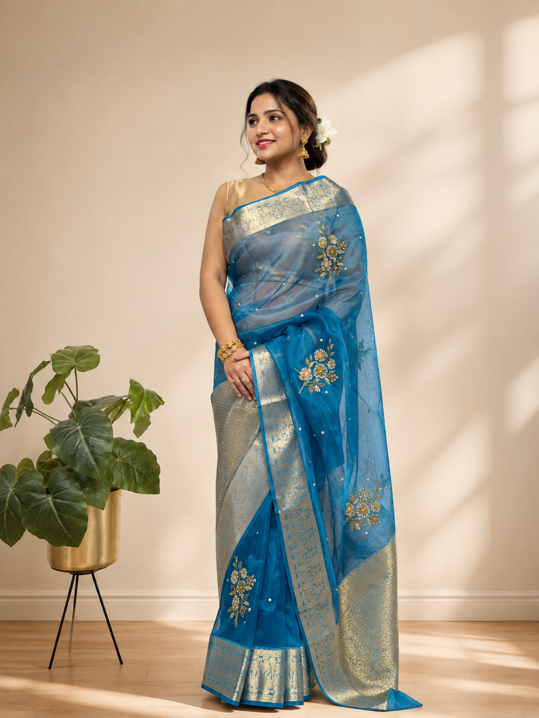 Blue Handloom Banarasi Pure Tissue Silk Embroidered Saree