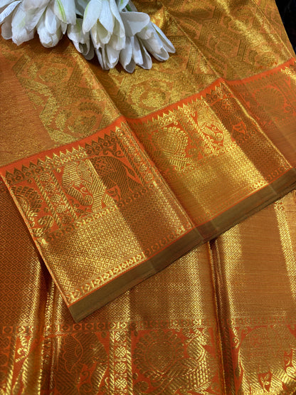 Golden Kanjeevaram Handloom Pure Silk Dupatta - Luxurion World