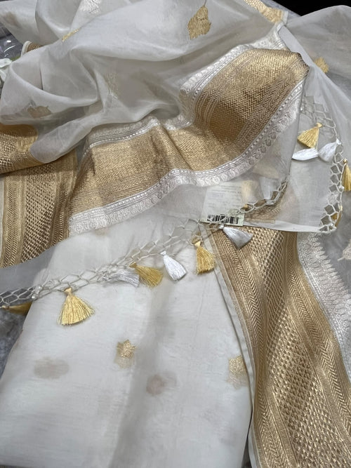 Dyeable Banarasi Kora Silk Booti Design Suit With White Handloom Banarasi Pure Kora Silk Dupatta IS4B126092401