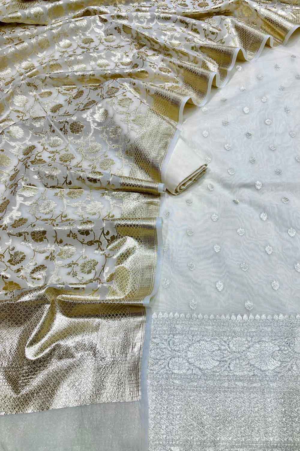 Dyeable Banarasi Chanderi Silk Three Piece Unstitched Suit Set