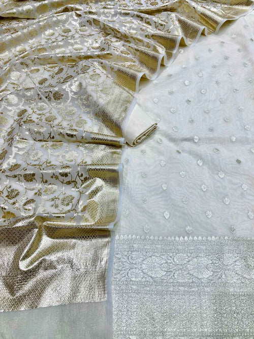 Dyeable Banarasi Chanderi Silk Unstitched Suit Set — Three Piece