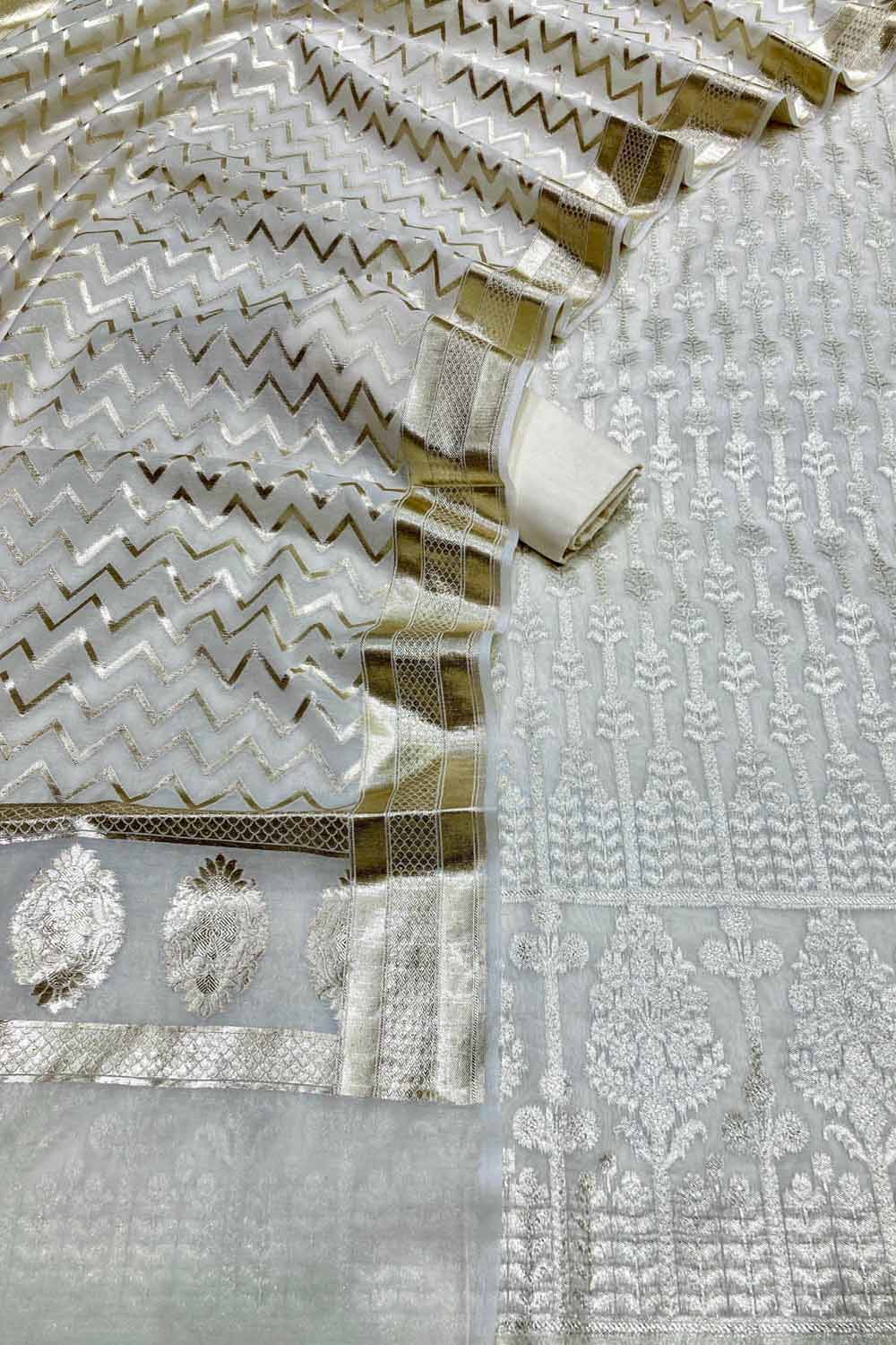 Dyeable Banarasi Chanderi Silk Three Piece Unstitched Suit Set