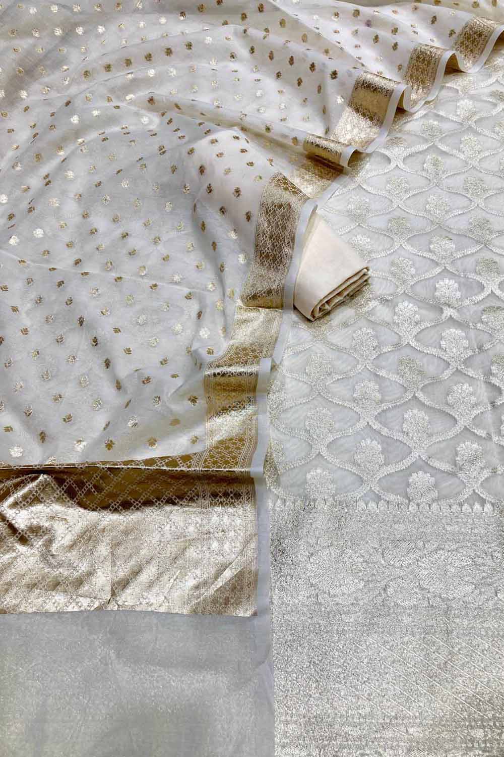 Dyeable Banarasi Chanderi Silk Three Piece Unstitched Suit Set