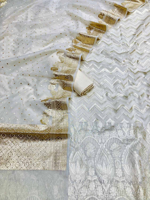 Dyeable Banarasi Chanderi Silk Three Piece Unstitched Suit Set