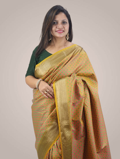 Shop Now for Yellow Banarasi Soft Silk Saree with Contrast Border - Latest Collection - Luxurion World