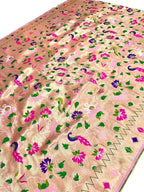 Golden Paithani Silk Fabric — Peacock and Flower Design, Festive
