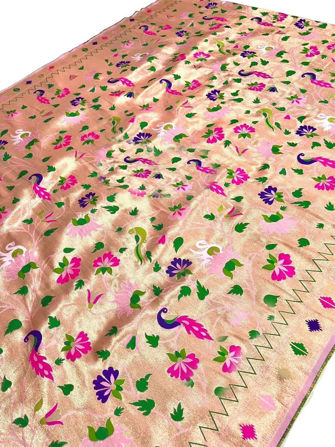 Golden Paithani Silk Peacock & Flower Design Fabric