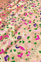 Golden Paithani Silk Fabric — Peacock and Flower Design, Festive