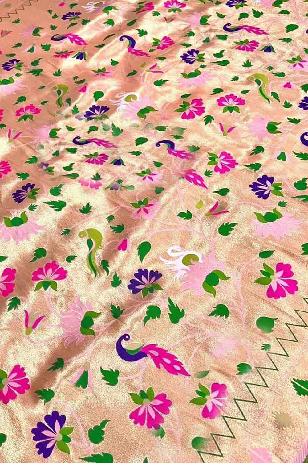 Golden Paithani Silk Peacock & Flower Design Fabric