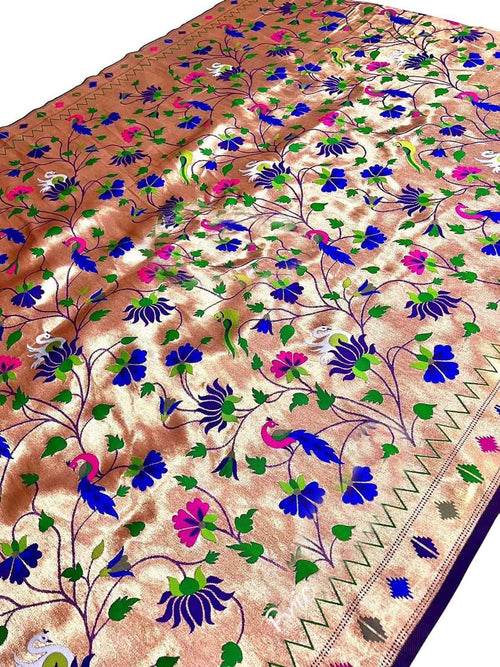 Golden Paithani Silk Peacock & Flower Design Fabric