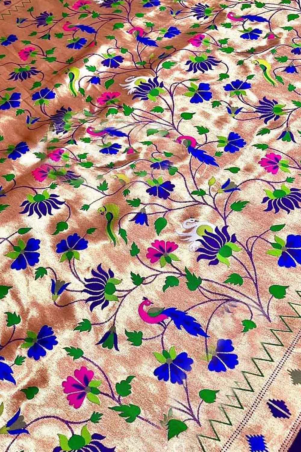 Golden Paithani Silk Peacock & Flower Design Fabric