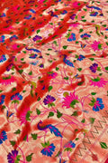 Golden Paithani Silk Peacock & Flower Design Fabric
