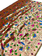 Golden Paithani Silk Peacock & Flower Design Fabric