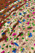 Golden Paithani Silk Peacock & Flower Design Fabric