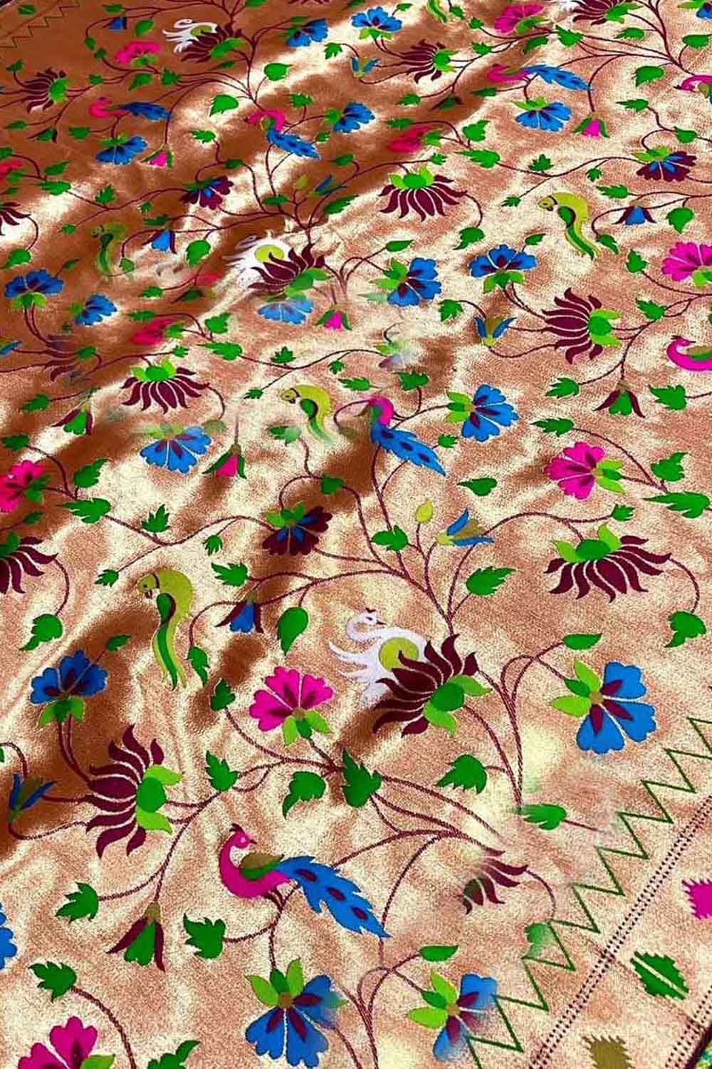 Golden Paithani Silk Peacock & Flower Design Fabric