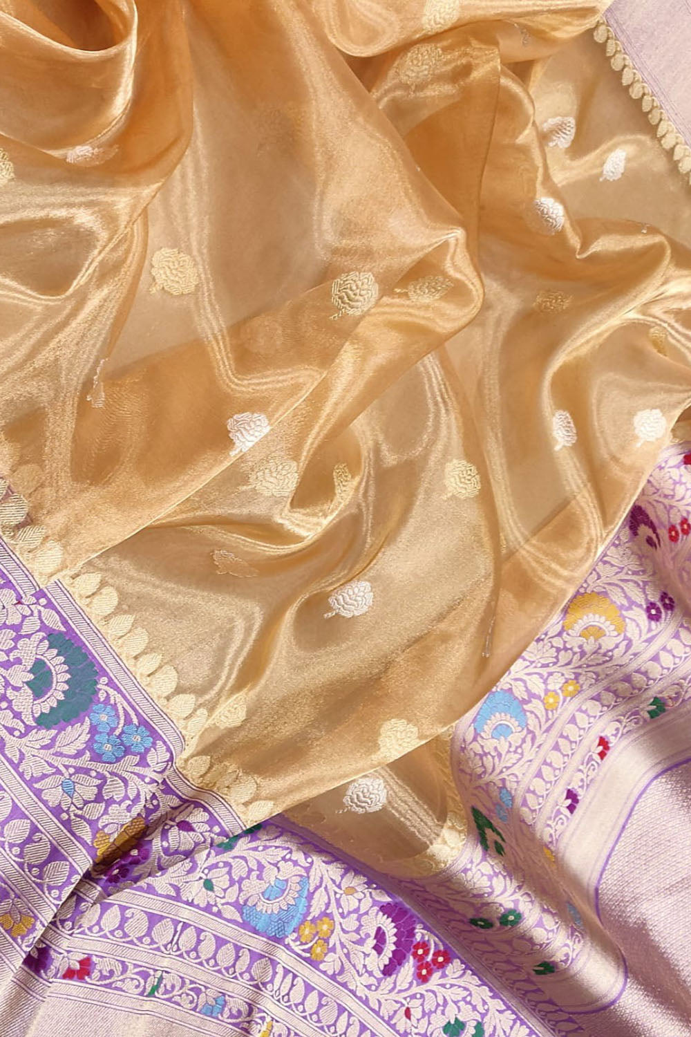 Golden Banarasi Kora Tissue Silk Saree—Meenakari Skirt Border, Wedding