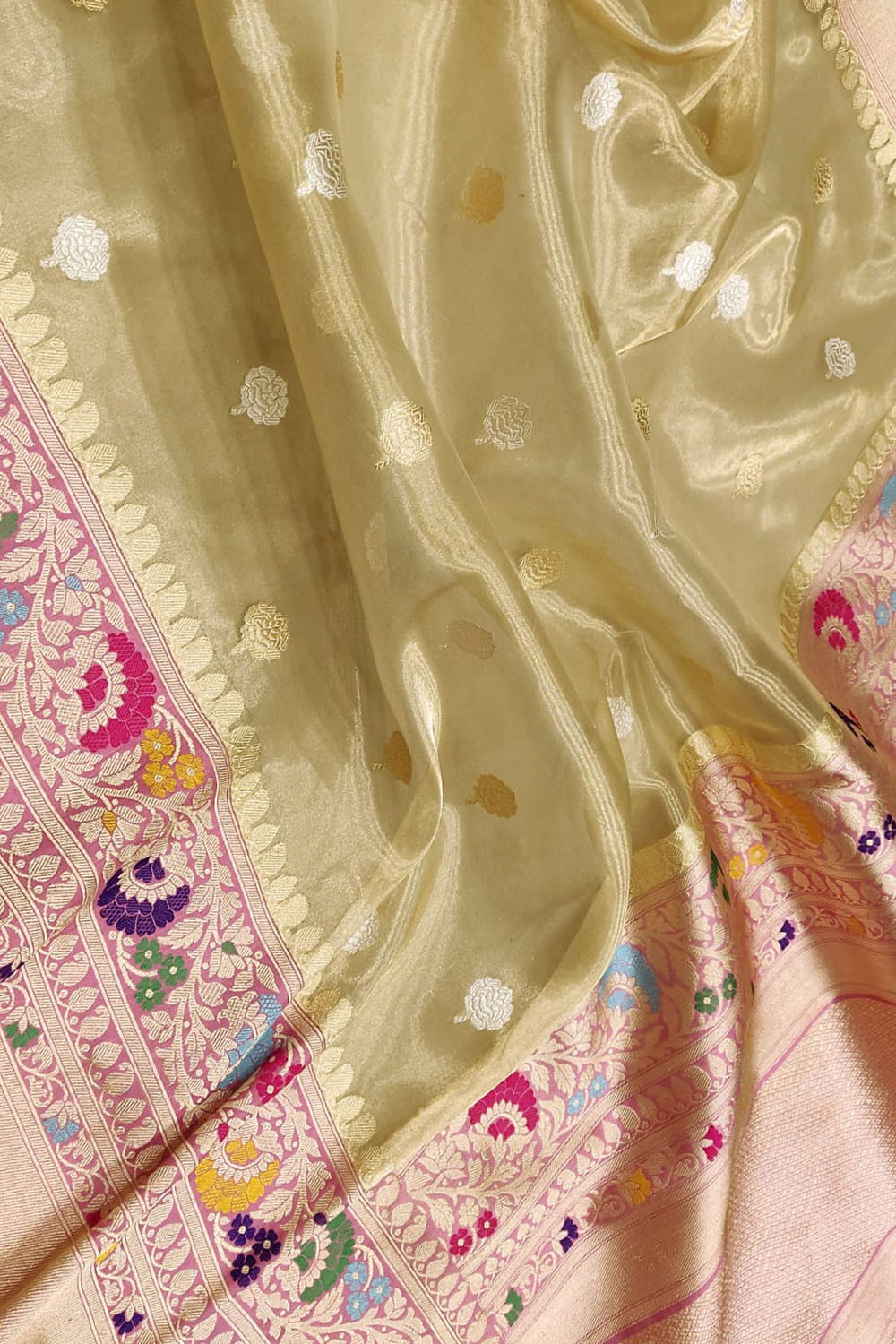 Golden Banarasi Kora Tissue Silk Saree — Meenakari Skirt Border, Bridal Grandeur