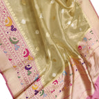 Golden Banarasi Kora Tissue Silk Saree — Meenakari Skirt Border, Bridal Grandeur