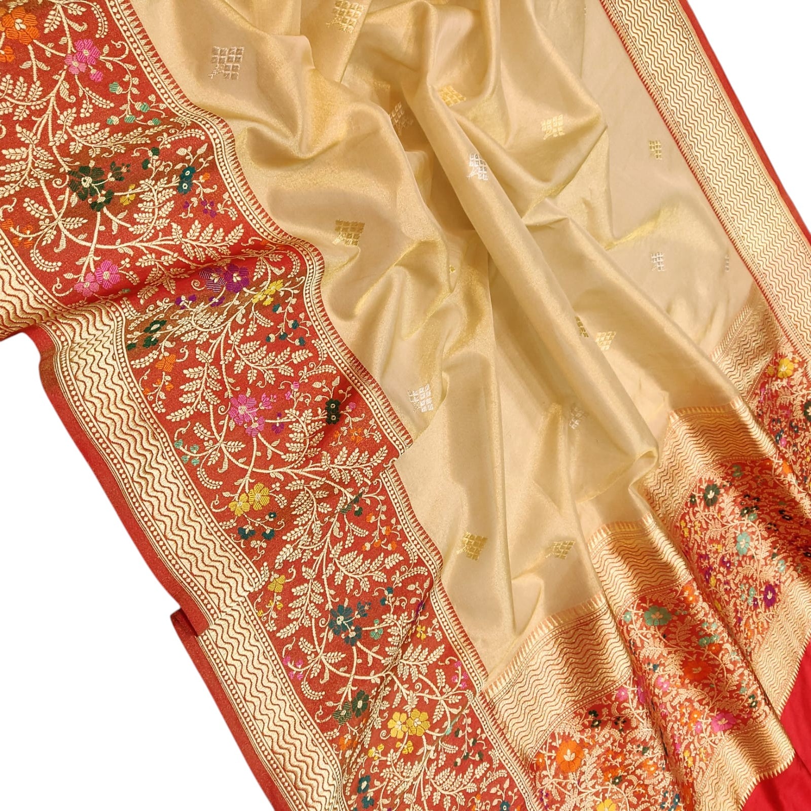 Golden Banarasi Kora Tissue Silk Saree — Meenakari Skirt Border, Bridal Splendour