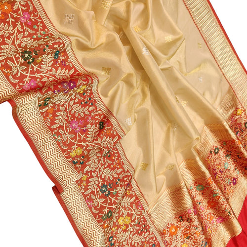 Golden Banarasi Kora Tissue Silk Saree — Meenakari Skirt Border, Bridal Splendour