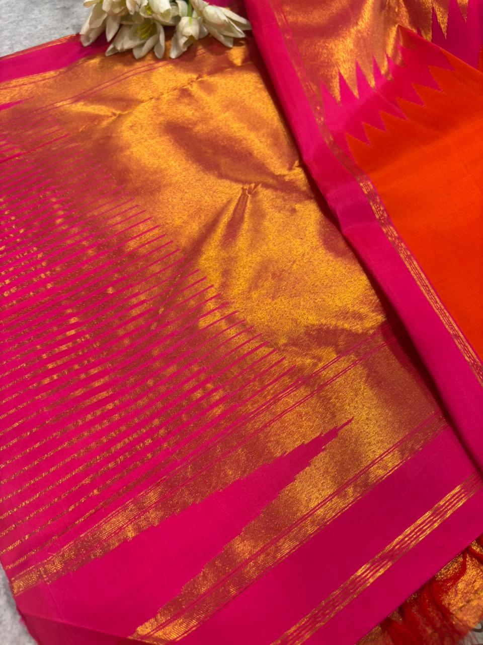 Golden and Orange Kanjeevaram Handloom Pure Silk Saree