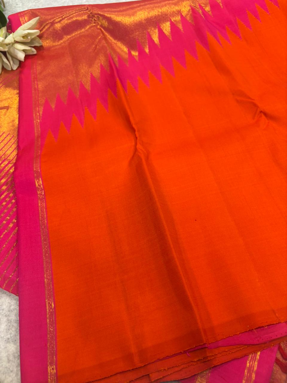 Golden and Orange Kanjeevaram Handloom Pure Silk Saree