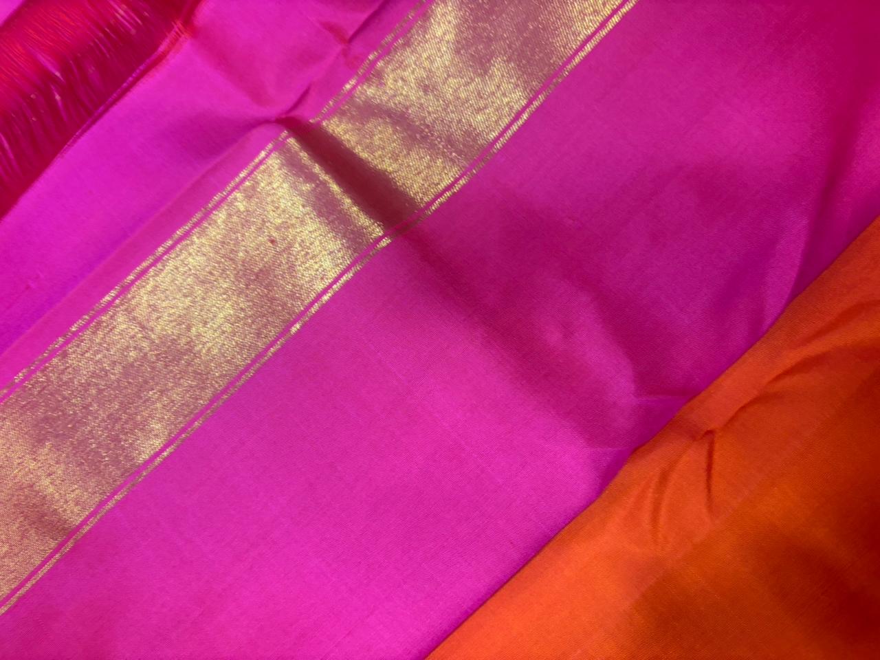 Golden and Orange Kanjeevaram Handloom Pure Silk Saree