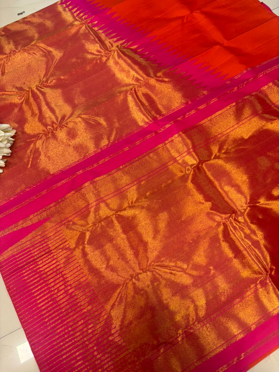 Golden and Orange Kanjeevaram Handloom Pure Silk Saree