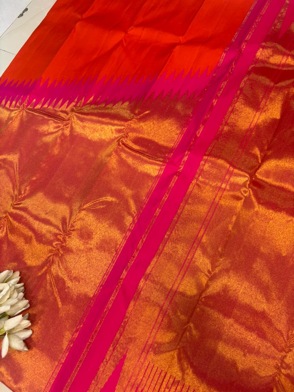 Golden and Orange Kanjeevaram Handloom Pure Silk Saree