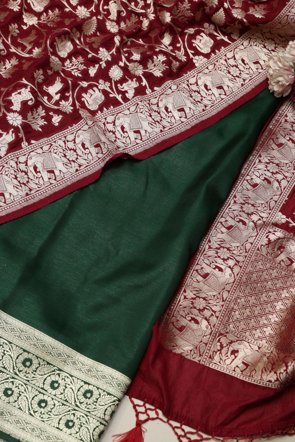 Green Banarasi Satin Silk Suit with Banarasi Silk Shikargha Dupatta - Luxurion World
