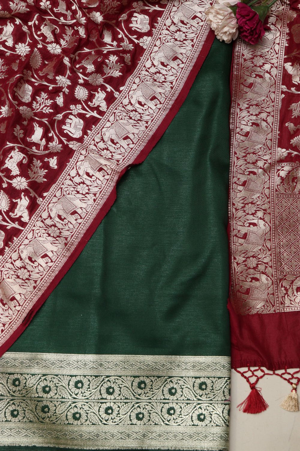 Green Banarasi Satin Silk Suit with Banarasi Silk Shikargha Dupatta - Luxurion World