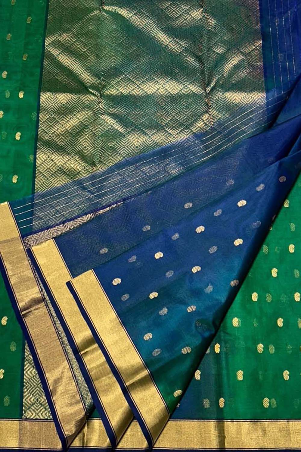 Green And Blue Chanderi Handloom Pure Katan Silk Saree