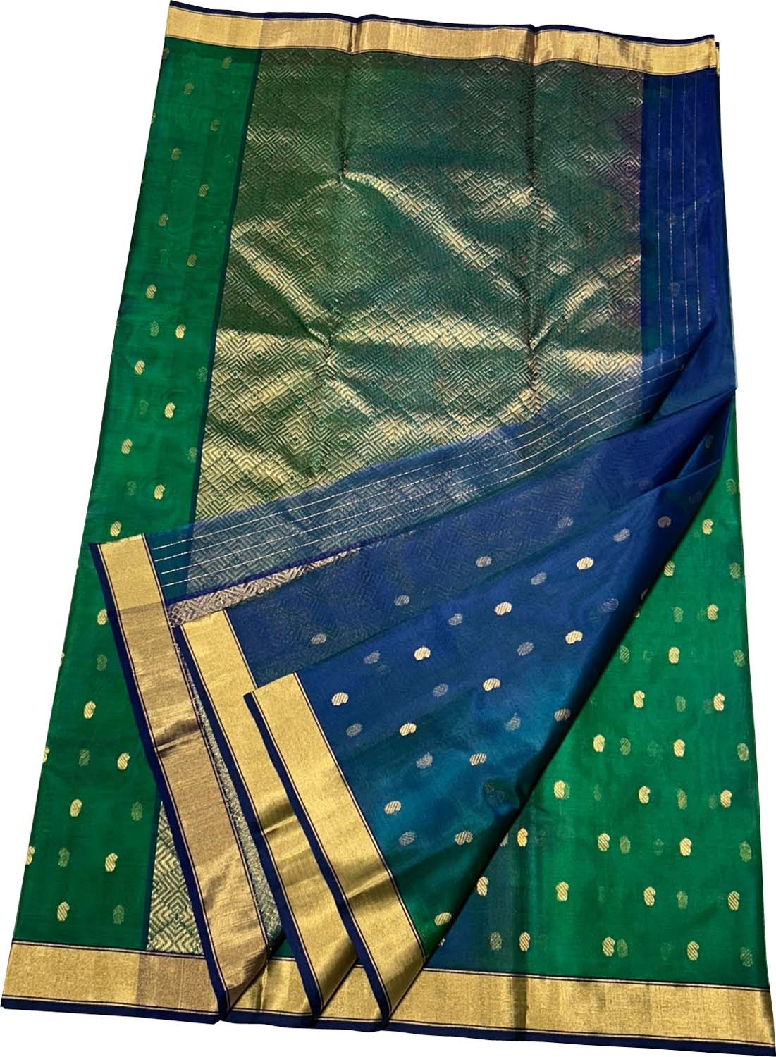 Green And Blue Chanderi Handloom Pure Katan Silk Saree