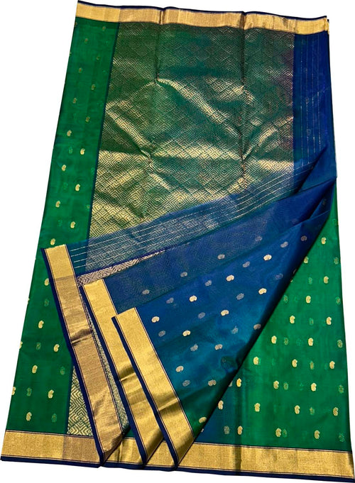 Green and Blue Chanderi Katan Silk Saree Handloom Weave Festive