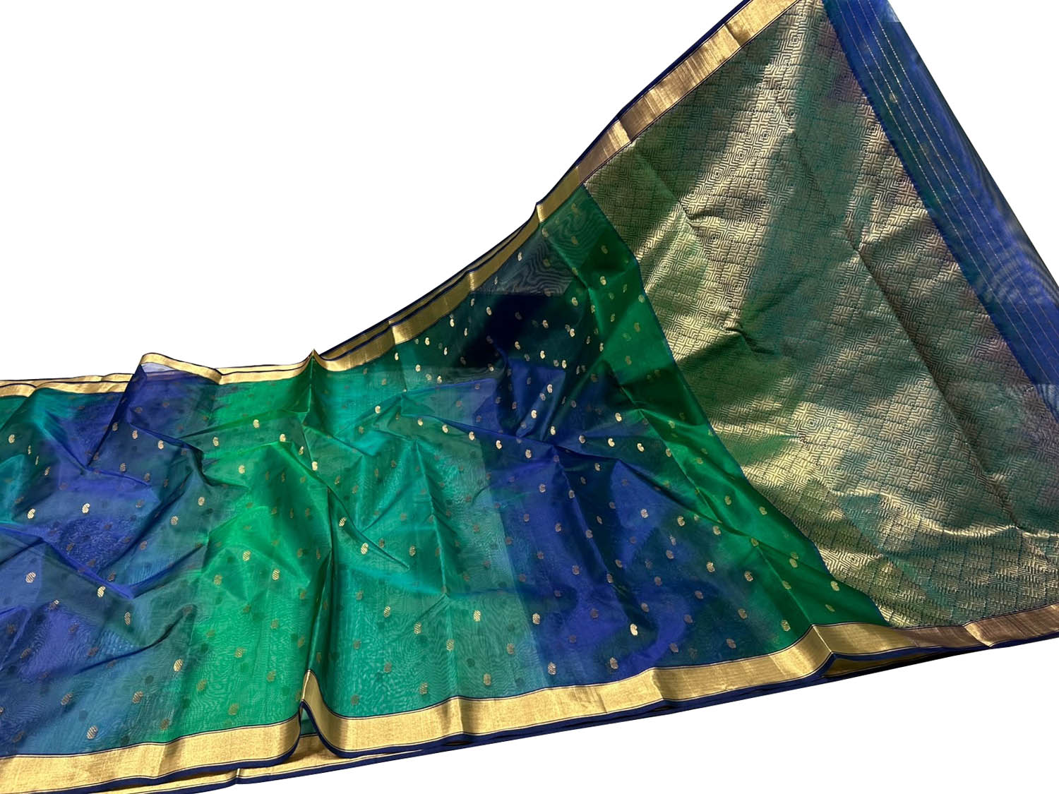 Green And Blue Chanderi Handloom Pure Katan Silk Saree